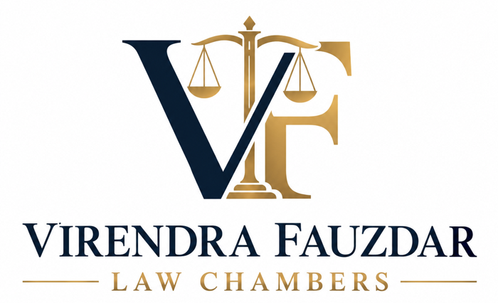 Virendra Fauzdar Law Chambers logo: VF monogram with scales of justice